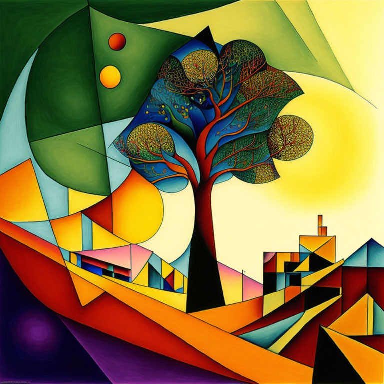 Vibrant abstract artwork: stylized tree on hilly landscape with geometric buildings under sun