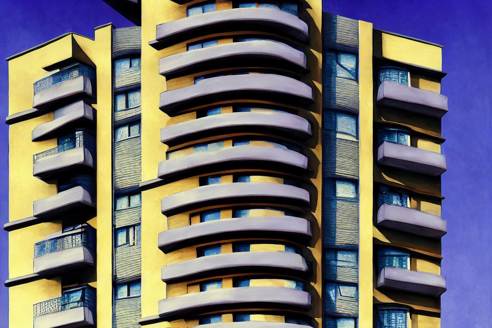 Modern Building with Curved Balconies Against Deep Blue Sky