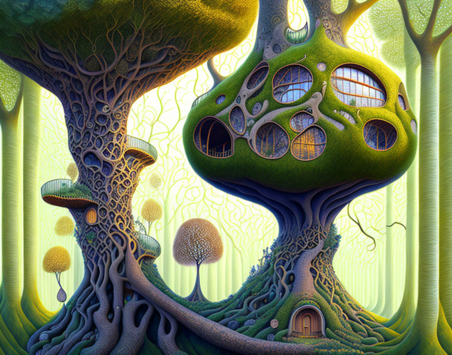 Whimsical illustrated landscape with mushroom-like trees and intricate patterns