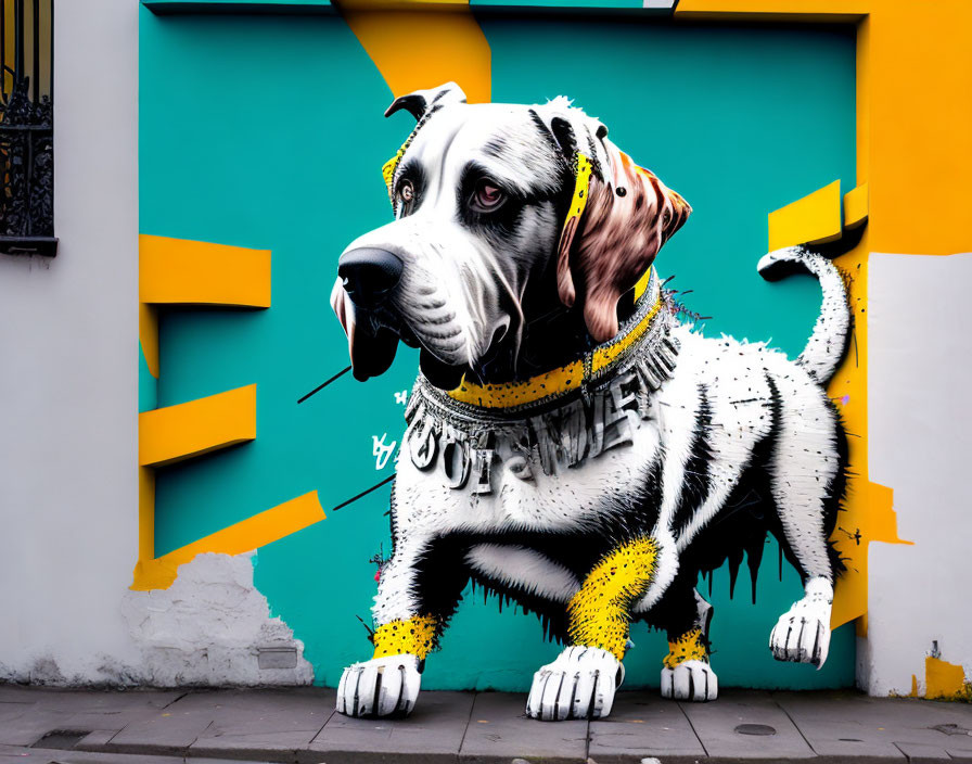 Colorful street art mural of stylized dog on turquoise background