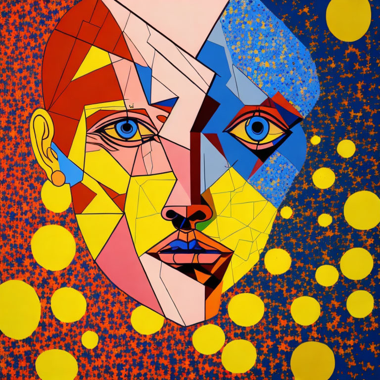 Colorful Cubist-Style Painting of Fragmented Face on Starry Background