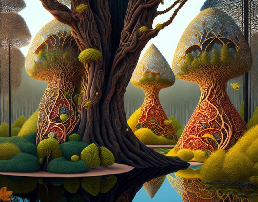 Fantastical Landscape with Stylized Trees and Glowing Canopies