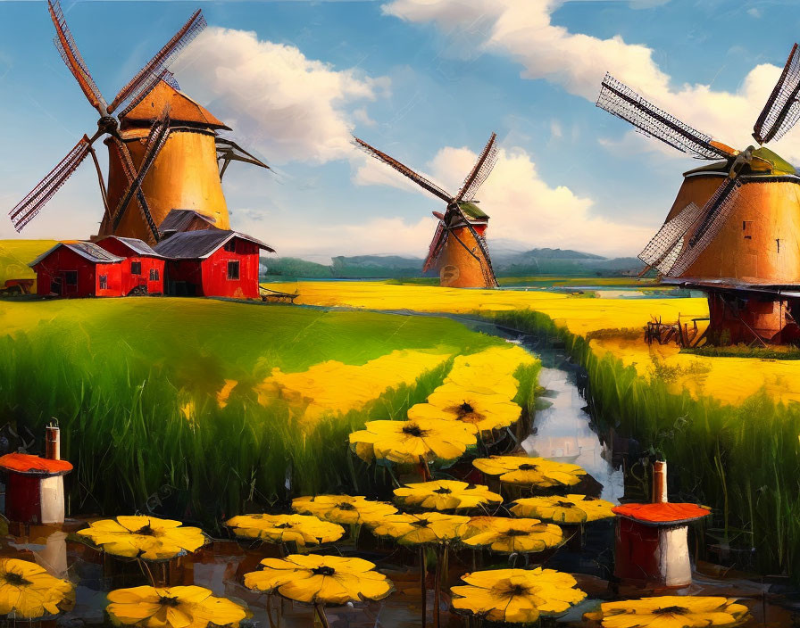 Rural landscape with windmills, barns, stream, and flowers