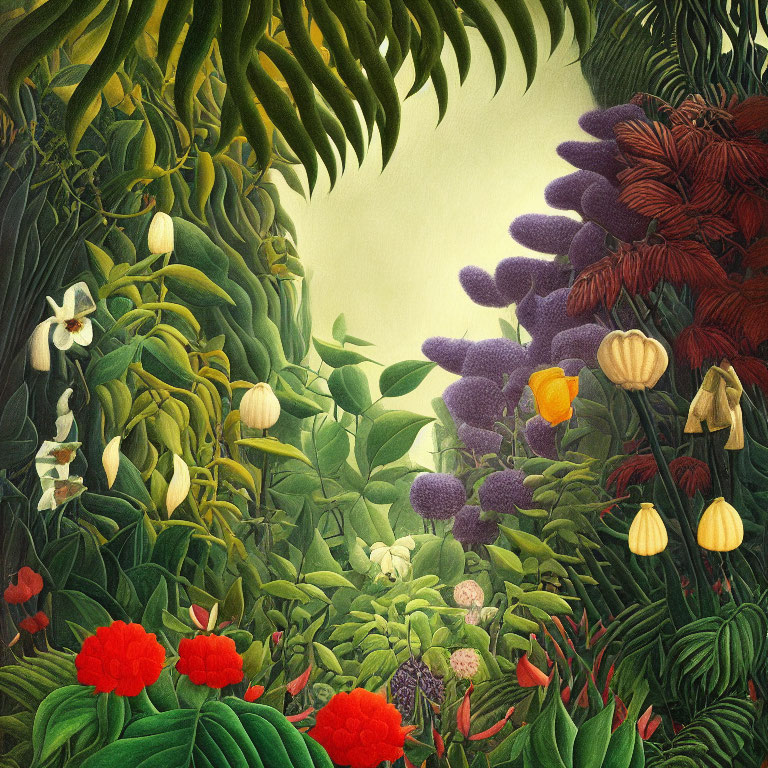 Botanical illustration of lush jungle with colorful foliage & flowers