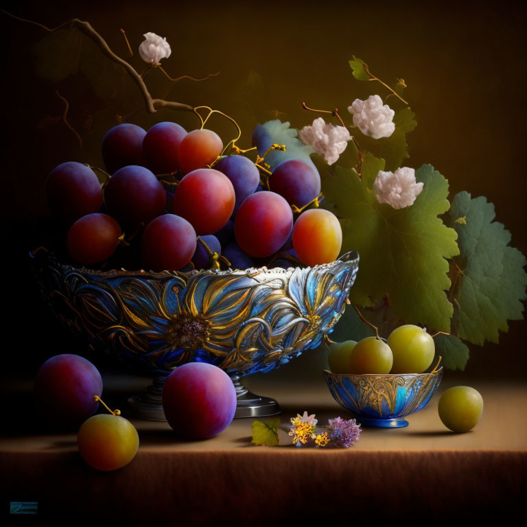 Still life photo: Plums and apples in bowls on dark backdrop