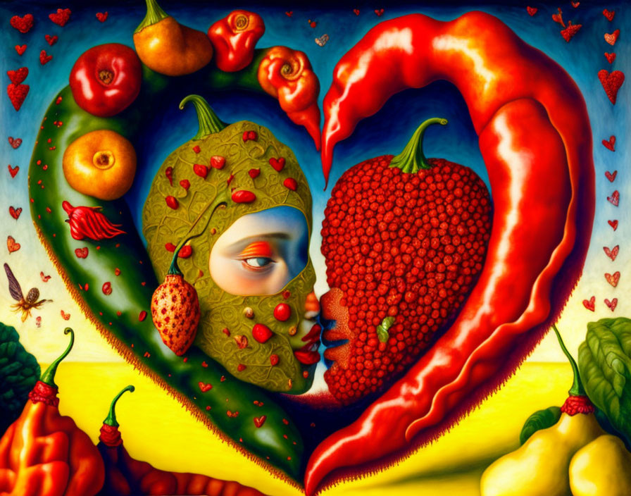 Vivid and intricate surreal painting of fruit and vegetable faces in heart shape