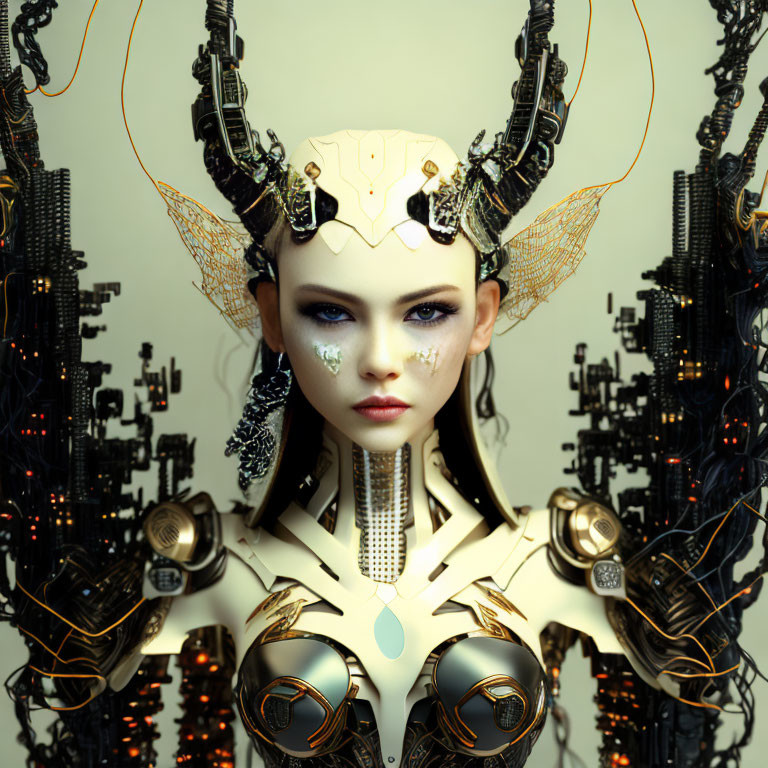 Futuristic robotic woman in ornate headgear and armor against industrial backdrop