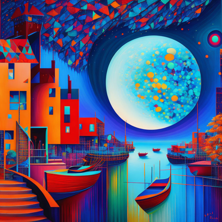 Colorful Coastal Village Night Scene with Exaggerated Moon and Stylized Boats