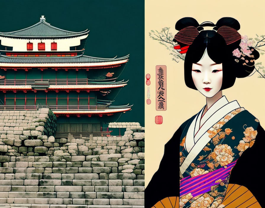 Japanese Castle and Geisha in Traditional Attire on Two-tone Background