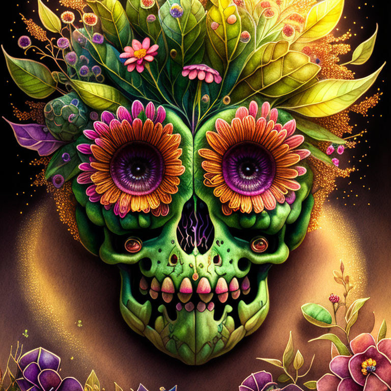 Vibrant floral skull illustration on dark background