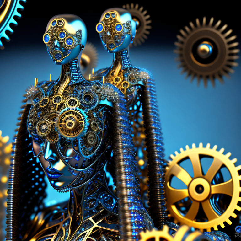 Steampunk-style robotic figures with intricate gear designs on cog-filled background