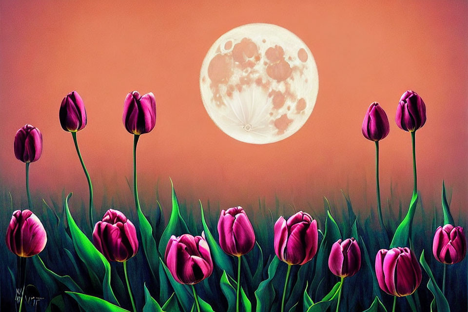 Dark Purple Tulips Painting with Full Moon on Warm Background