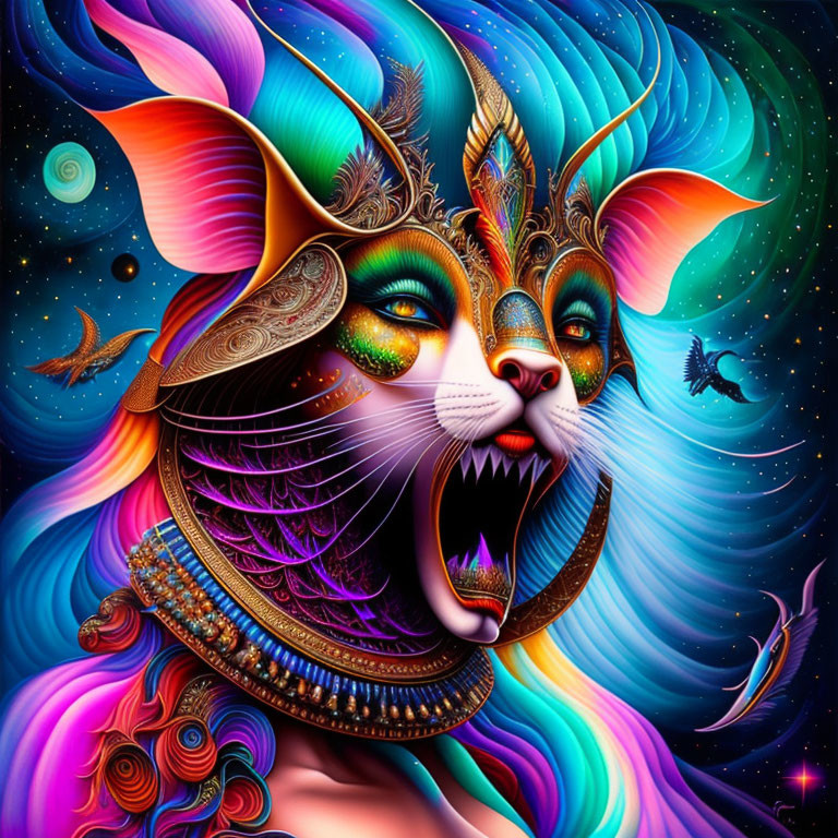 Colorful digital artwork of a fantastical cat with cosmic elements