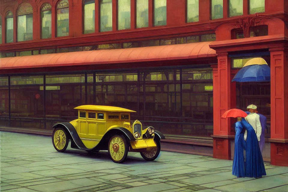 Vintage Yellow Car Parked in Front of Red Building with Women in Early 20th-Century