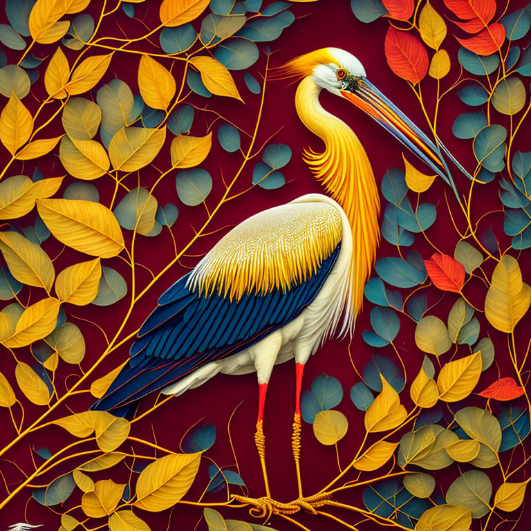 White Crane with Yellow Crest in Golden Foliage on Deep Red Background