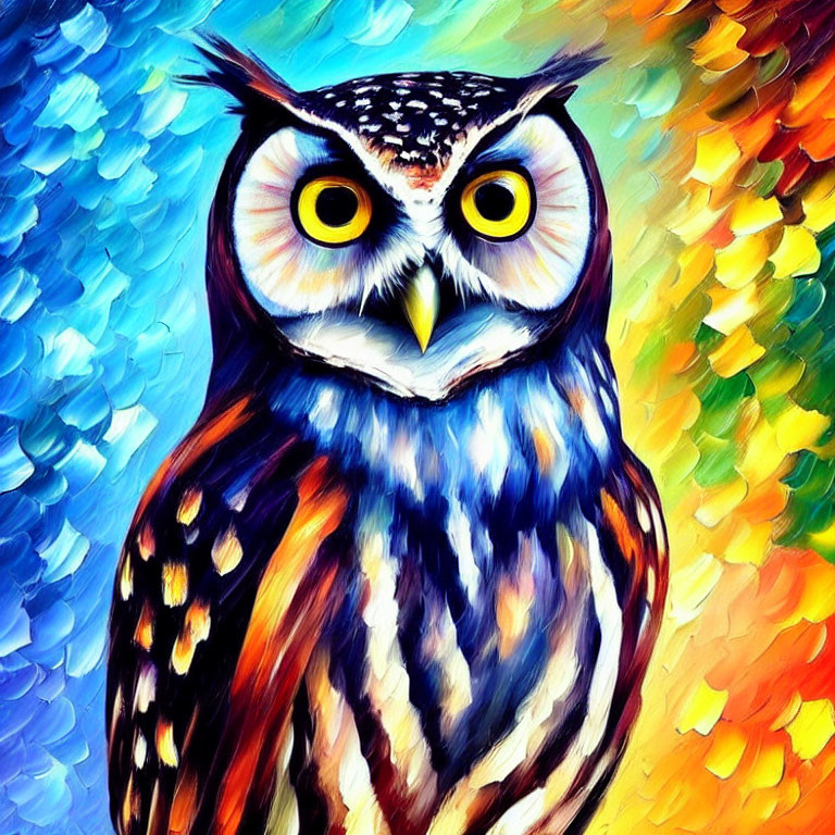 Colorful owl painting with psychedelic, vibrant hues