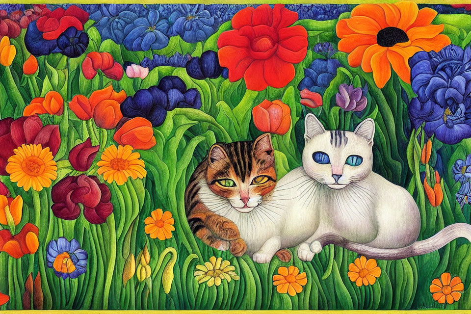 Vibrant garden scene with two cats and multicolored flowers