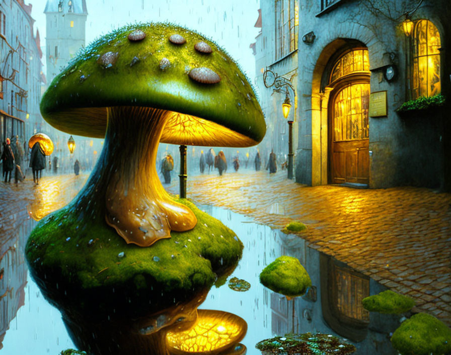 Giant mushroom in rainy street scene with glowing streetlights