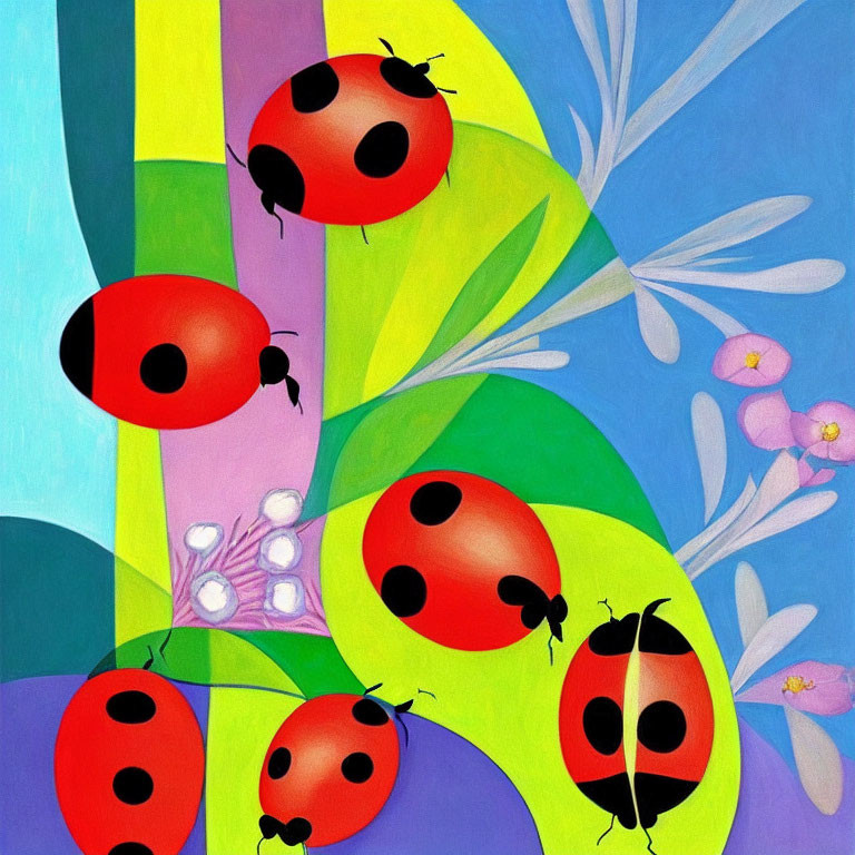 Vibrant painting of ladybugs on leaves with flowers and dragonfly