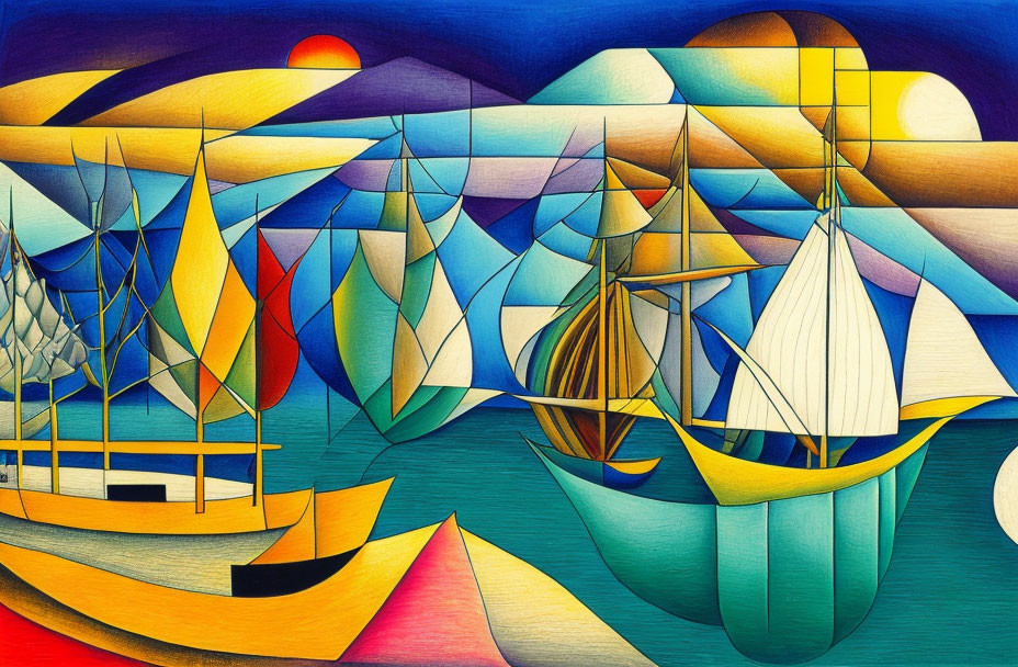 Abstract Maritime Scene with Colorful Sailboats and Sunset Sky