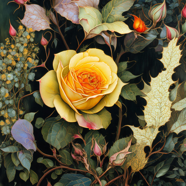 Detailed Painting: Vibrant Yellow Rose with Green Leaves and Flowers