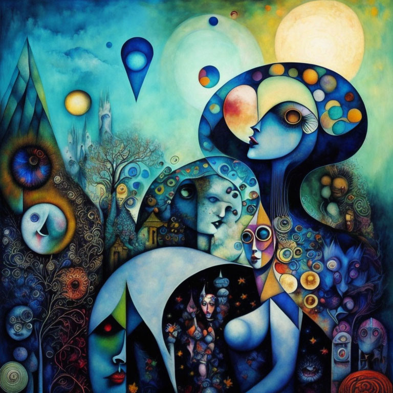 Whimsical painting with surreal face-filled shapes and dreamlike landscapes