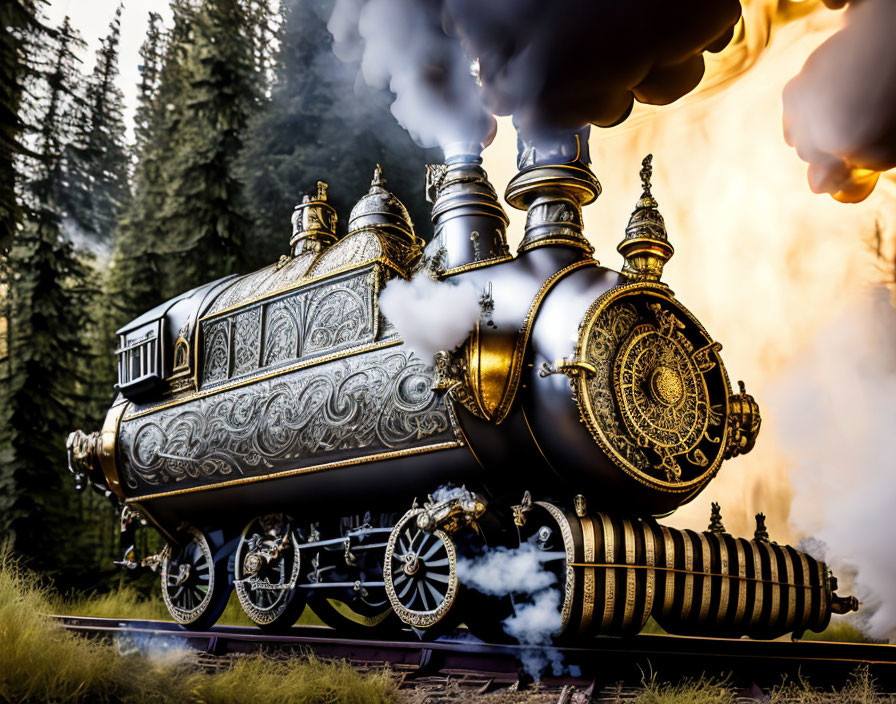 Intricate steam locomotive in forest setting