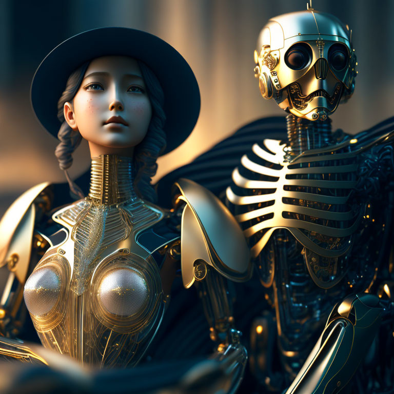 Futuristic image of woman with wide-brimmed hat and humanoid robot