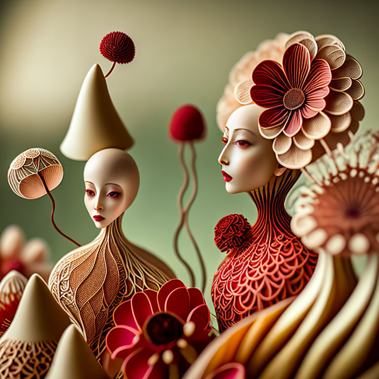 Stylized figures with floral patterns in surreal composition