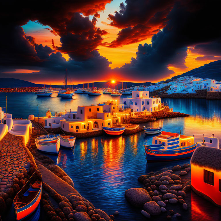 Vibrant harbor at sunset with boats and glowing buildings