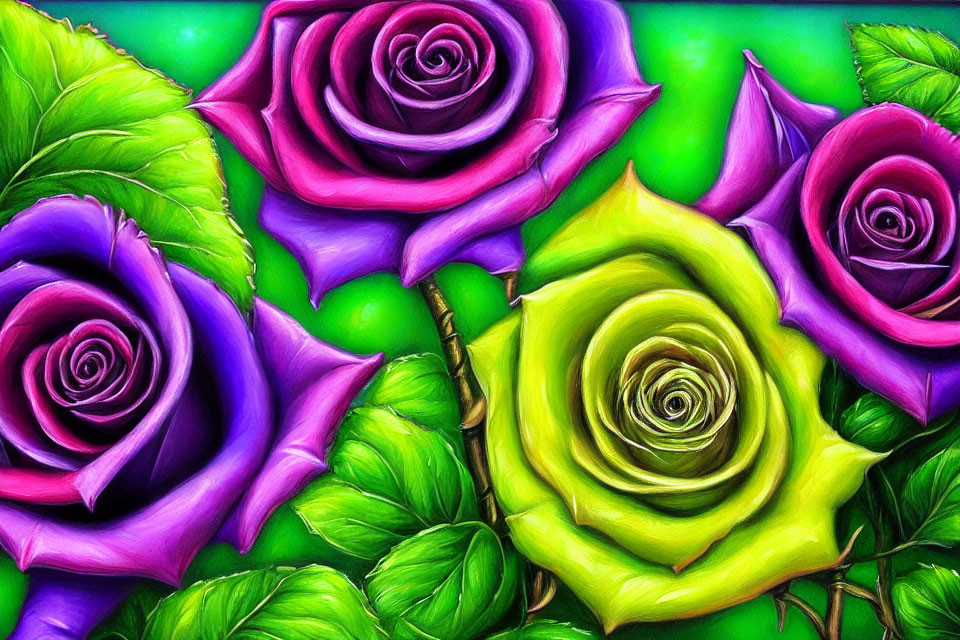 Colorful digital artwork: stylized roses in purple, pink, yellow, on green.