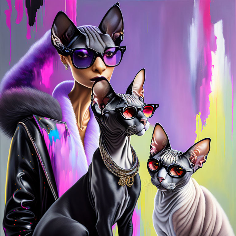 Three stylish sphynx cats in sunglasses and attire with abstract background