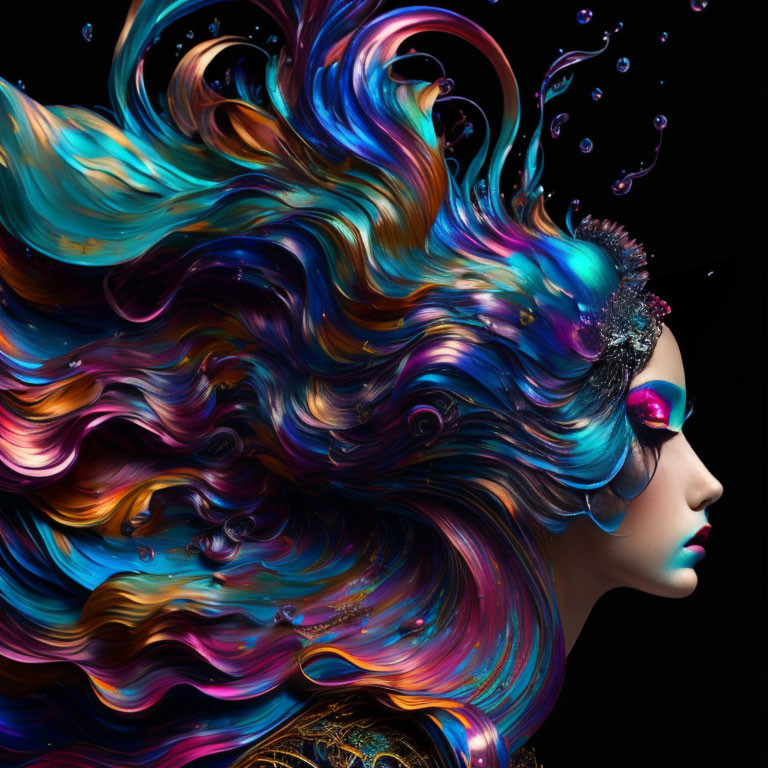 Colorful flowing hair, mask, bubbles on black background