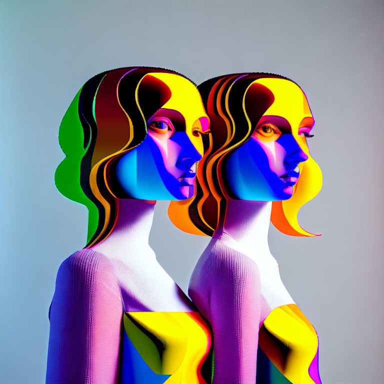 Twin female figures with colorful contour lighting on neutral background