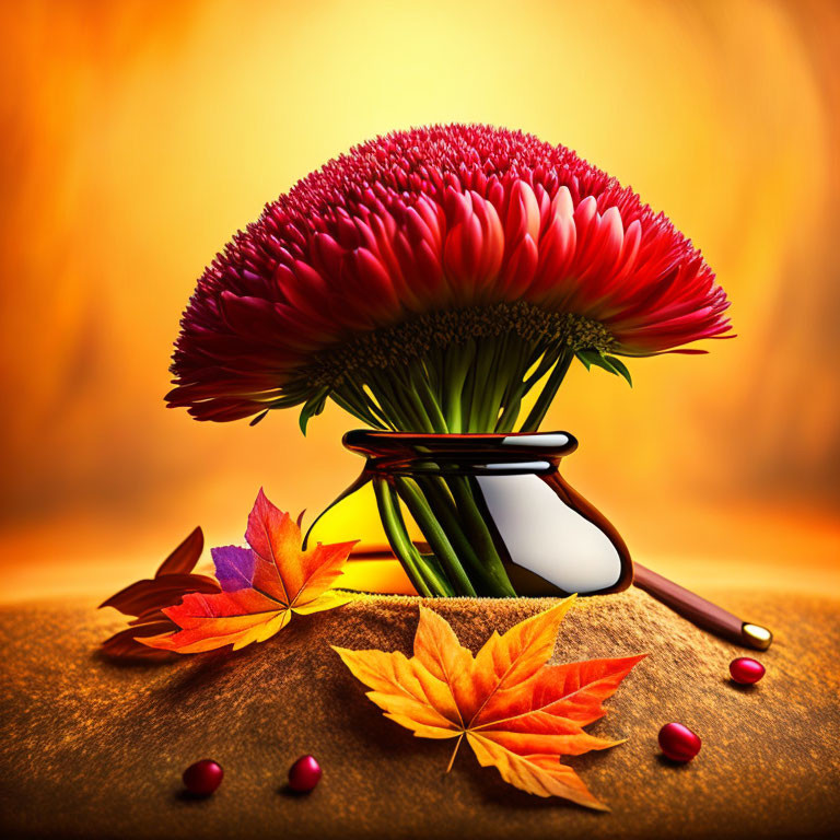 Red Flower in Vase with Autumn Leaves and Berries on Warm Background