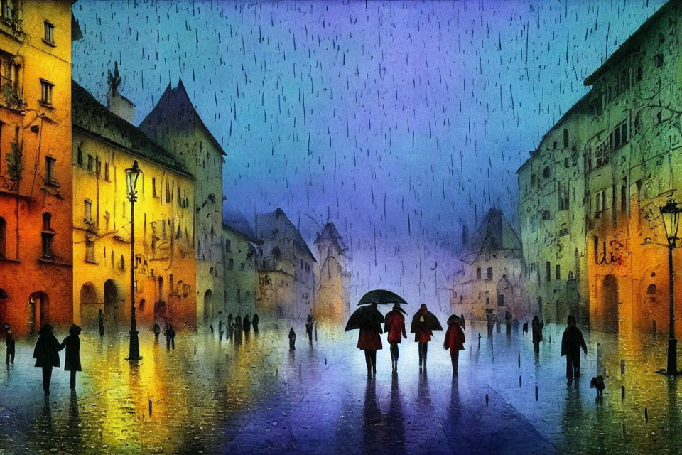 Twilight scene of rain-soaked cobblestone square with umbrellas and old buildings