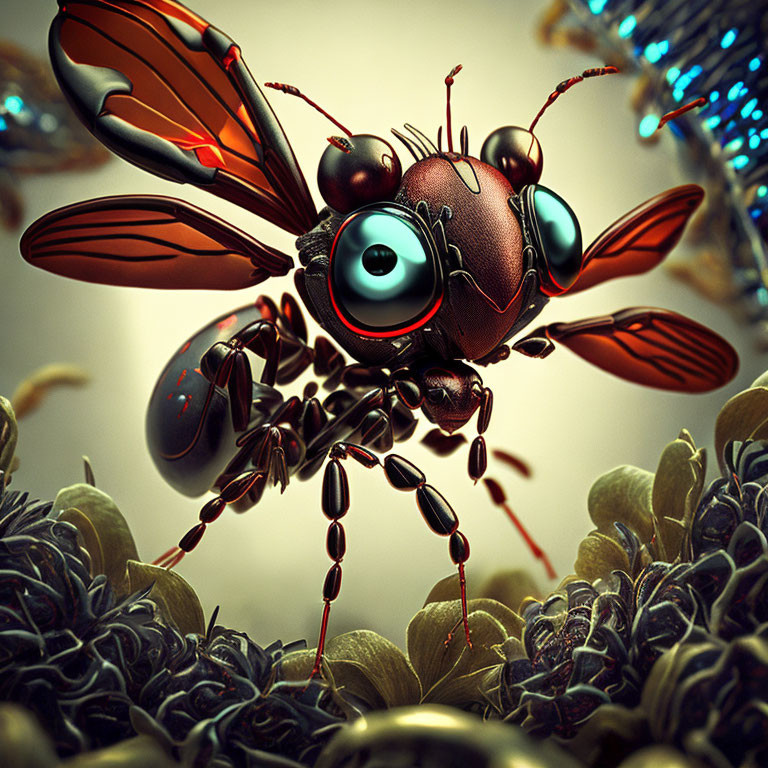 Detailed 3D Illustration of Mechanized Bee on Foliage