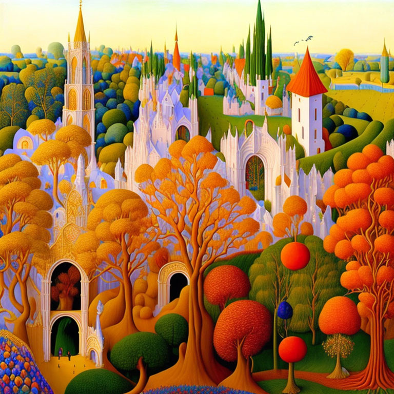 Colorful Trees, White Castle, and Golden Sky in Fantastical Landscape