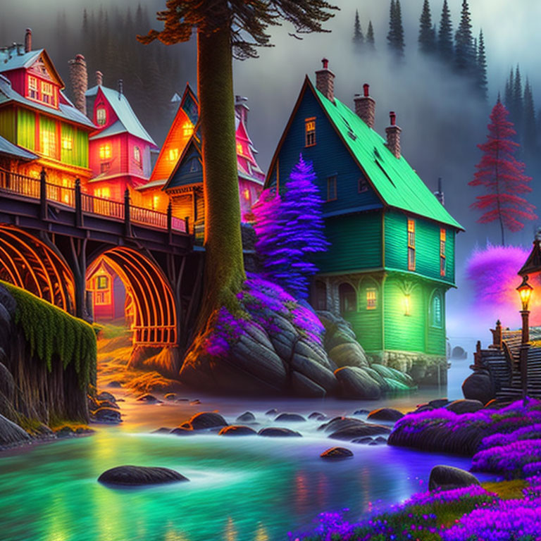 Colorful fantasy village with glowing river and waterwheel at dusk