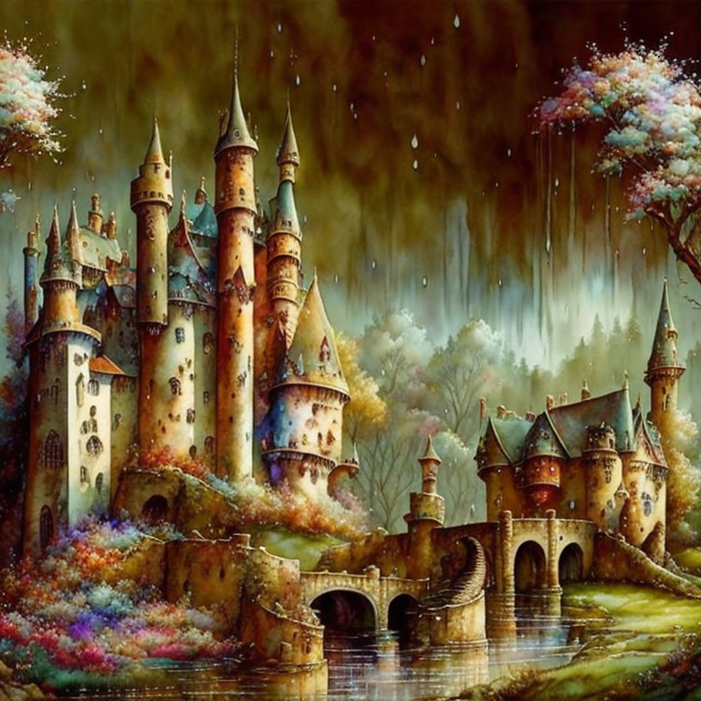 Fantasy castle surrounded by vibrant flora and misty backdrop