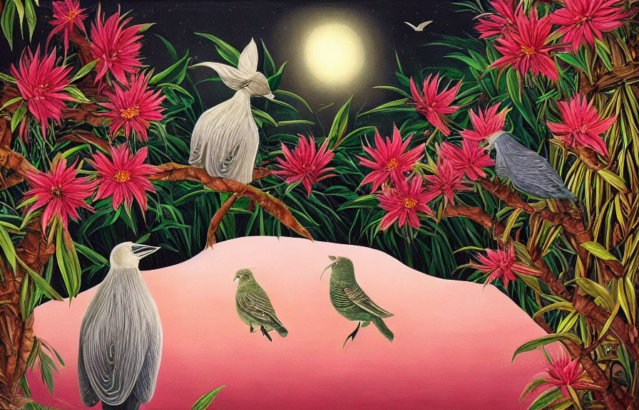 Whimsical night scene with quilted rabbits, birds, pink flowers, full moon