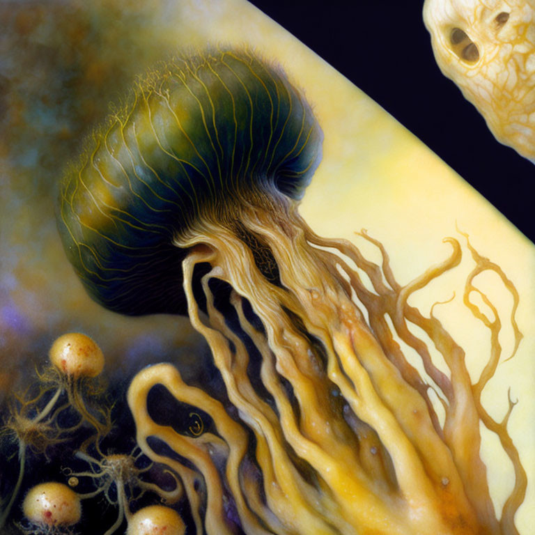 Surreal jellyfish-like creature with roots in cosmic scene