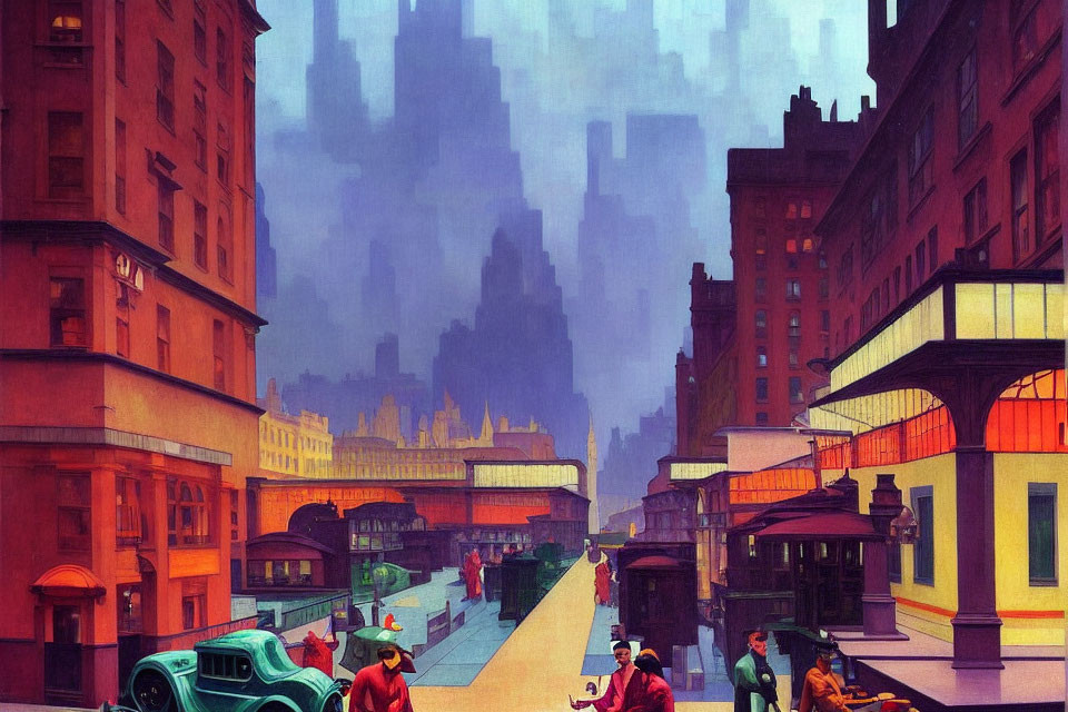 Vintage cityscape with cars, people in period clothing, and trains amid hazy skyscrapers