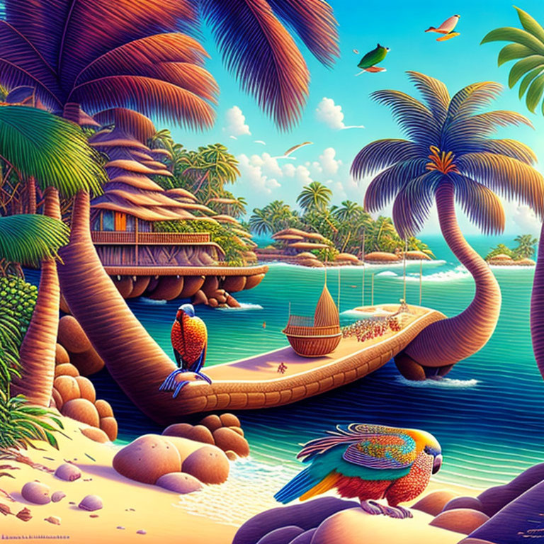 Tropical paradise scene with vibrant birds, palm trees, thatched huts, sandy beach, and