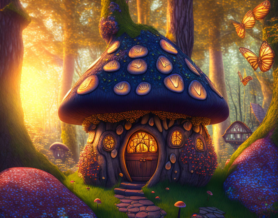 Whimsical mushroom house in enchanting forest with vibrant butterflies