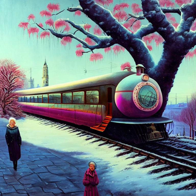 Whimsical purple futuristic train painting with vintage-clad women under pink blossoming trees