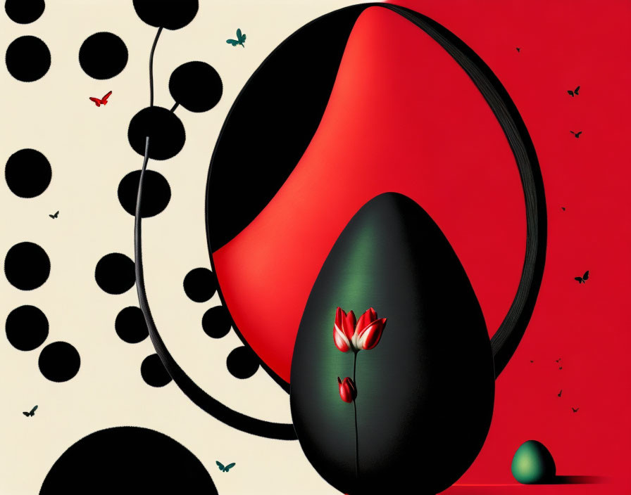 Abstract digital artwork: Red and black contrast, circular shapes, birds, tulip flowers on surreal landscape