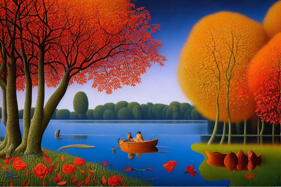 Colorful painting of couple rowing boat in serene lake with stylized trees and red flowers.