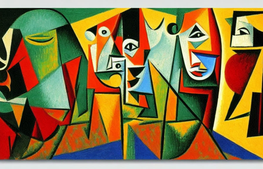 Colorful Cubist Painting with Geometric Shapes and Fragmented Forms