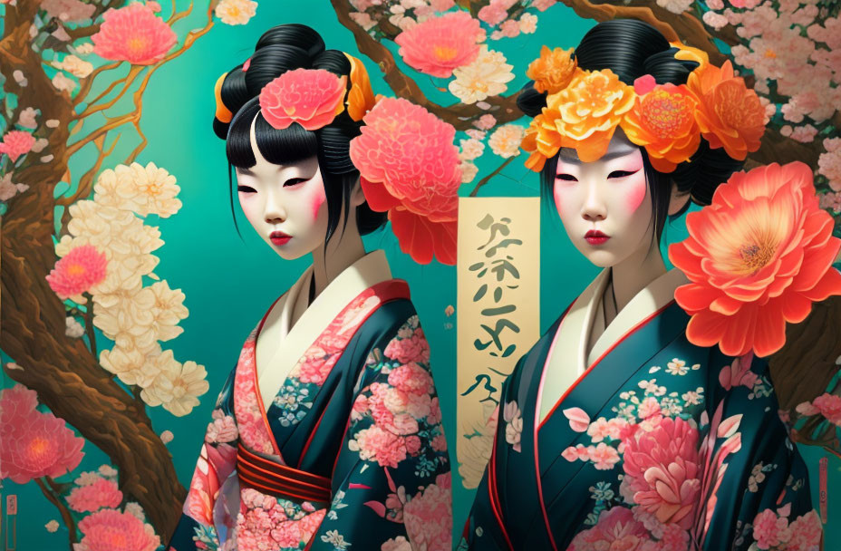 Illustrated Geishas in Traditional Kimonos with Black Hair and Pink Flowers